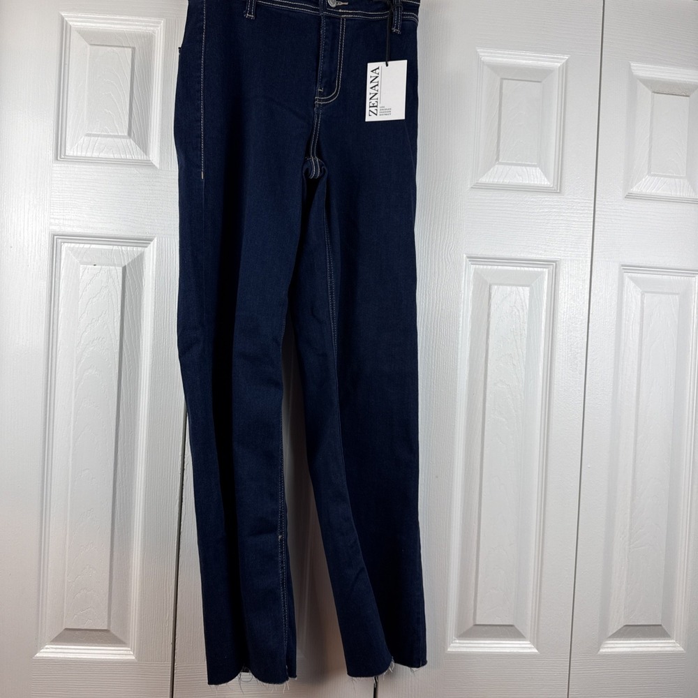 Zenana Womens High Rise Wide Leg Jeans Dark Wash Raw Hem Size Small DTP-9585A
